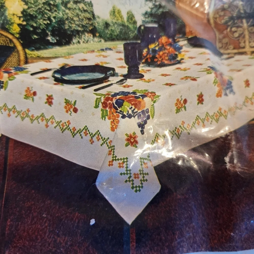 Vintage Tastemaker by Stevens "Needlepoint Basket"  Tablecloth 52"x52" Fruit NOS